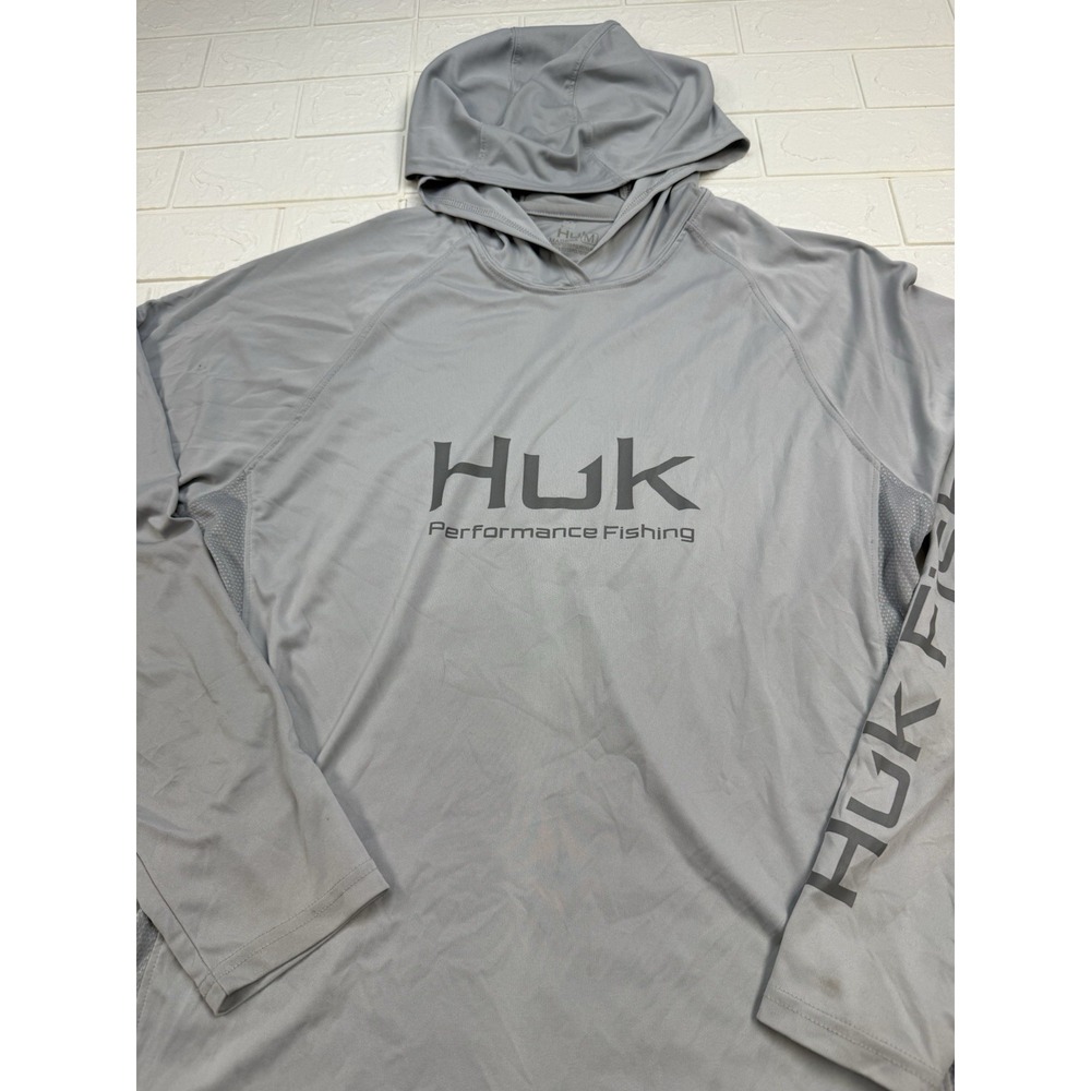 Huk Performance Fishing Men's Gray Stretch Logo L/S Hoodie Shirt Size Medium